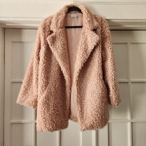 She + Sky Women's Pink Faux Fur Collared Open Mid-Length Coat M/L